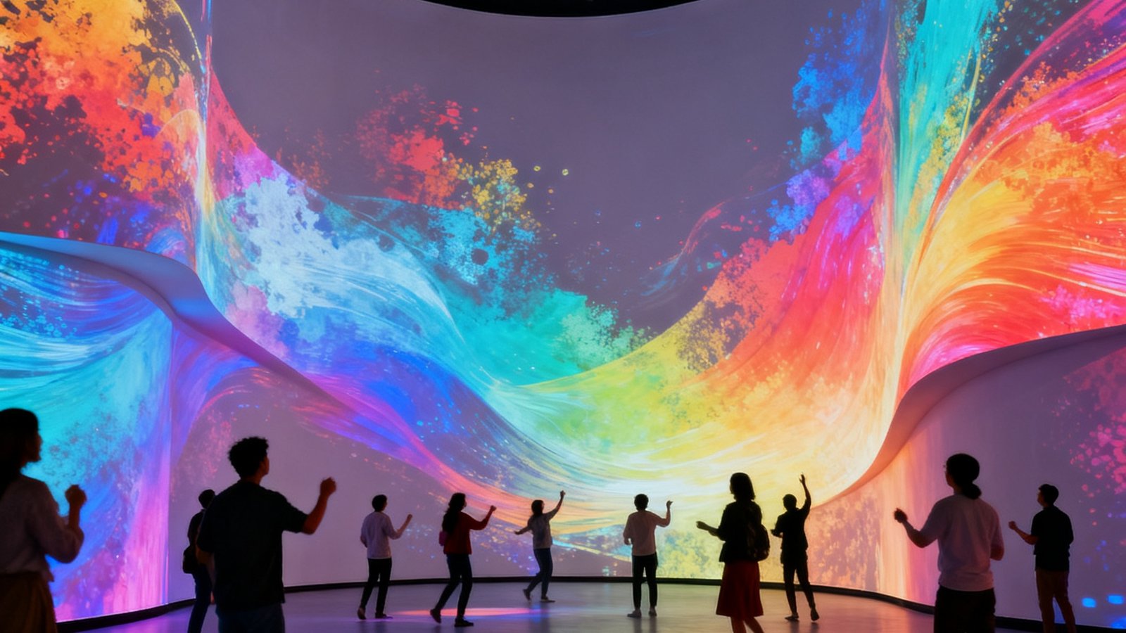 SA视讯AR互动投影与全息剧场沉浸式场景展示，观众在大型投影空间内与虚拟光影内容进行实时互动，色彩绚丽的数字影像投射在曲面墙体上